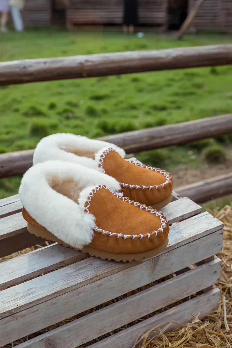 Wool Lined Suede Tasman Slipper Moccasin - Chestnut