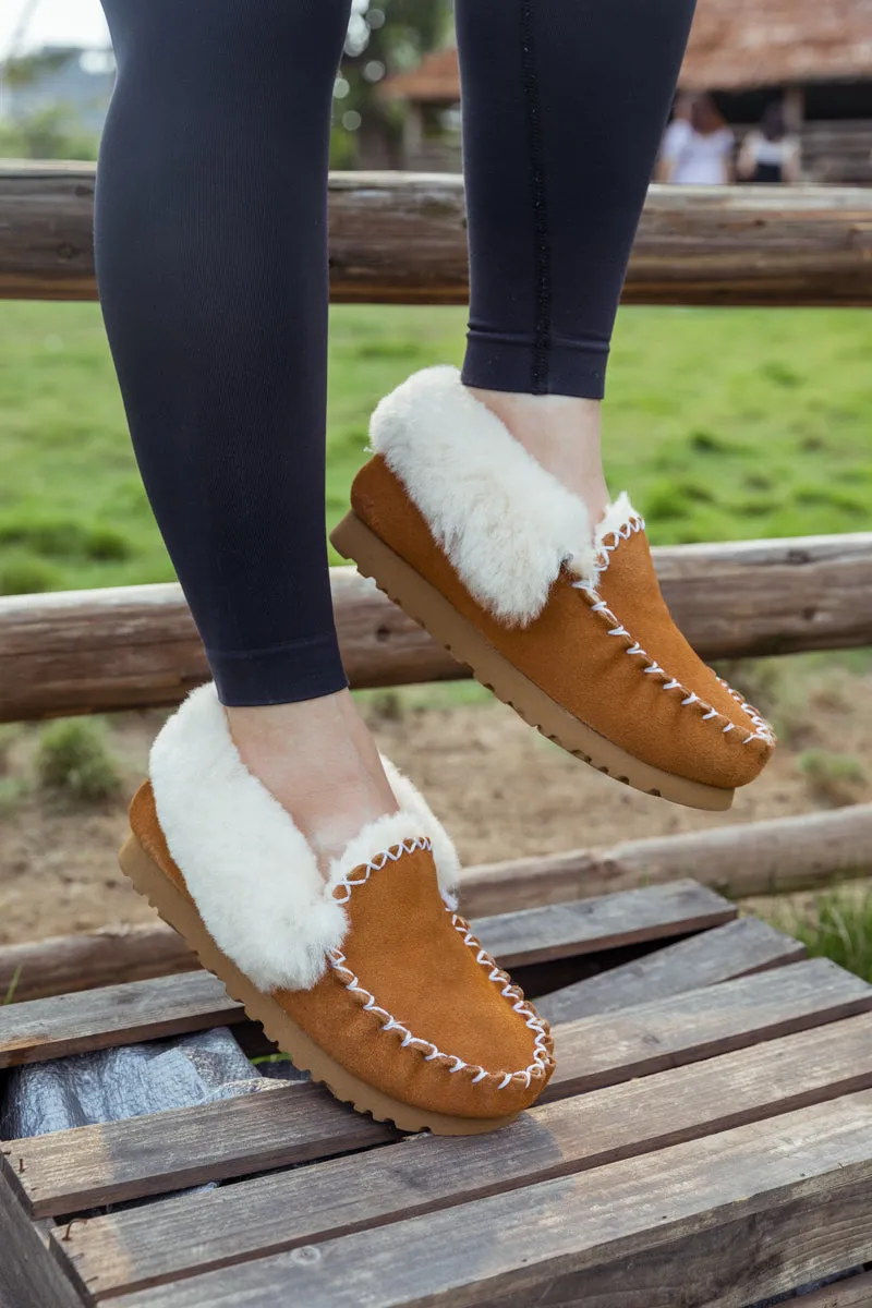 Wool Lined Suede Tasman Slipper Moccasin - Chestnut