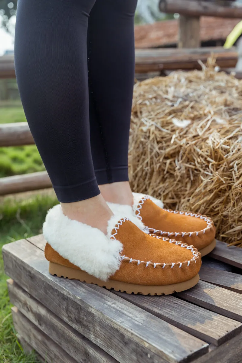 Wool Lined Suede Tasman Slipper Moccasin - Chestnut