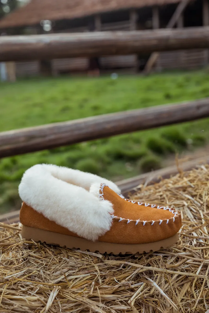 Wool Lined Suede Tasman Slipper Moccasin - Chestnut